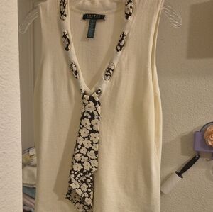 Ralph Lauren Ivory V Neck 100 % Cotton Top with 100% Silk Black Floral Scarf Med